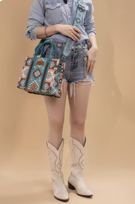 Wrangler Aztec Pattern Dual Sided Print -Tote/Crossbody -Turquoise