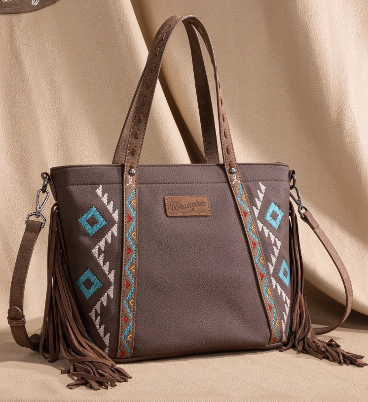 Wrangler Aztec Embroidered Tote/Crossbody Bag- Brown