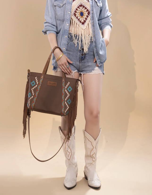 Wrangler Aztec Embroidered Tote/Crossbody Bag- Brown