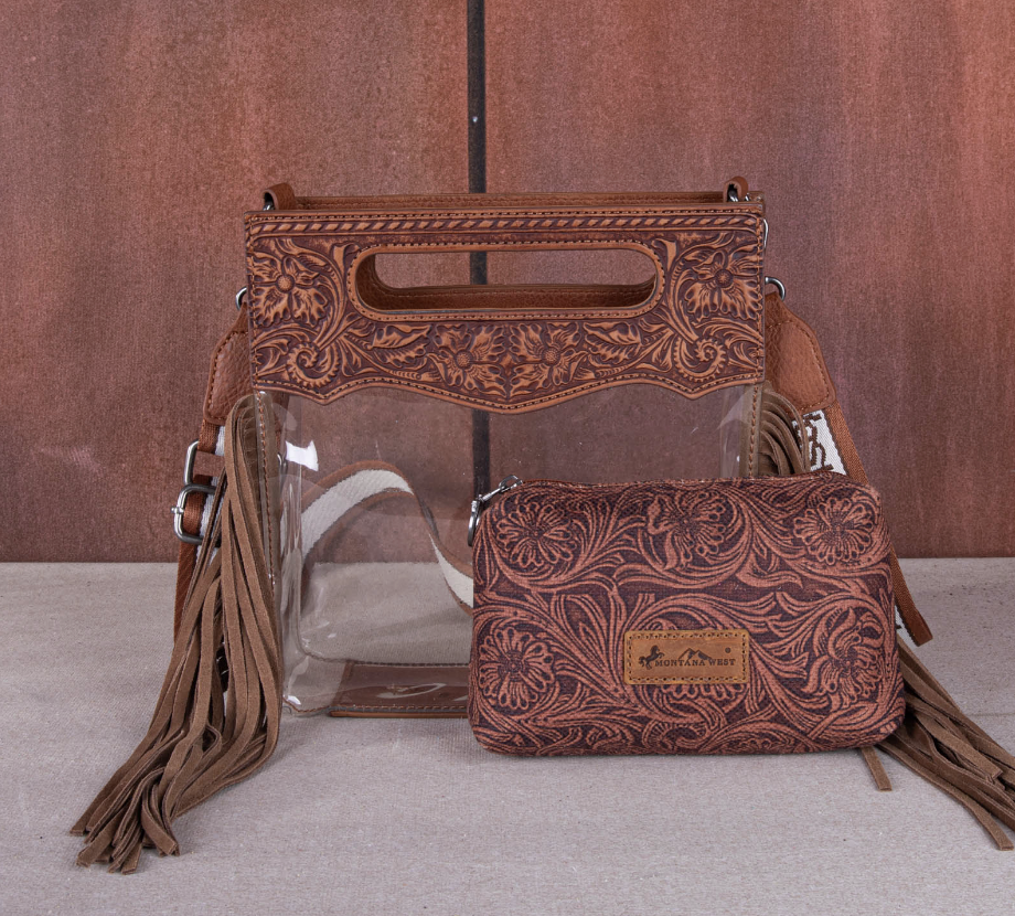 Montana West Western Fringe Stadium Clear Crossbody Bag with Detachable Pouch - Brown