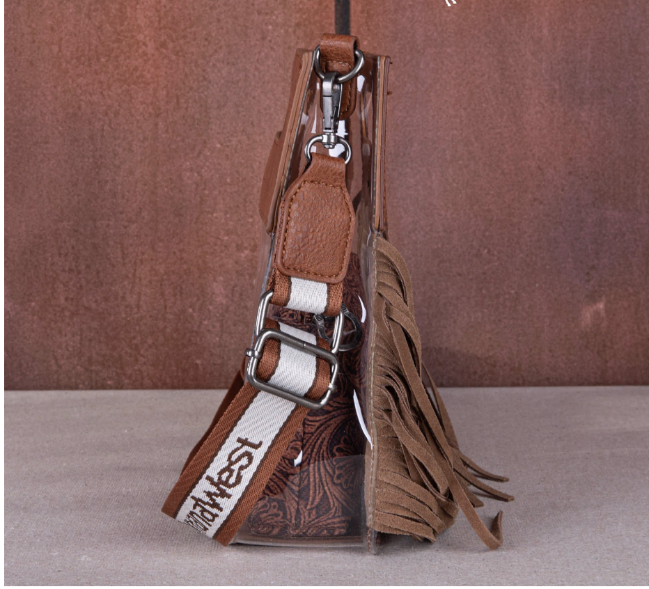 Montana West Western Fringe Stadium Clear Crossbody Bag with Detachable Pouch - Brown