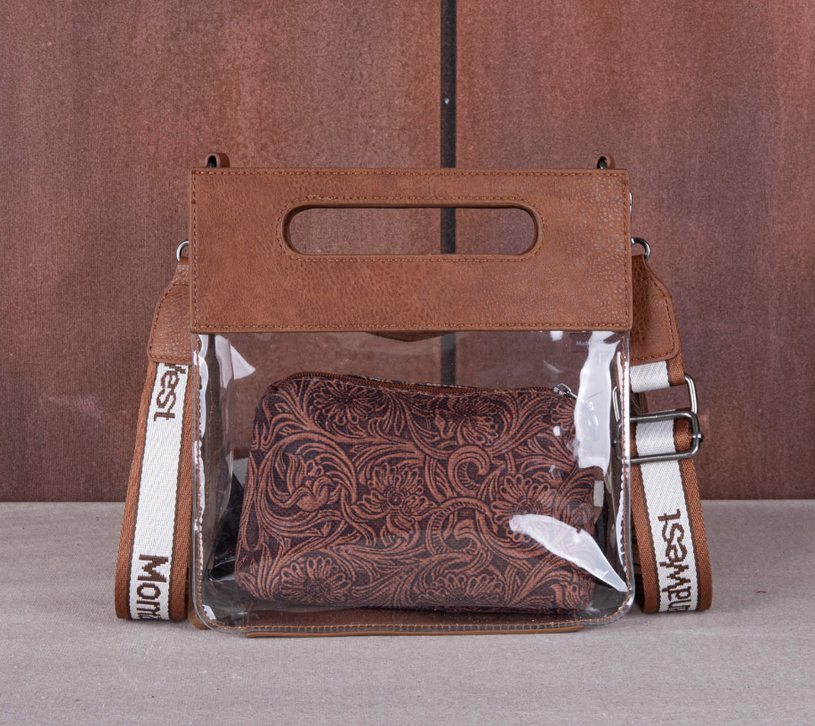 Montana West Western Fringe Stadium Clear Crossbody Bag with Detachable Pouch - Brown