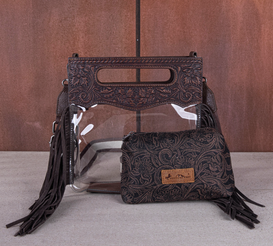 Montana West Western Fringe Stadium Clear Crossbody Bag with Detachable Pouch - Coffee