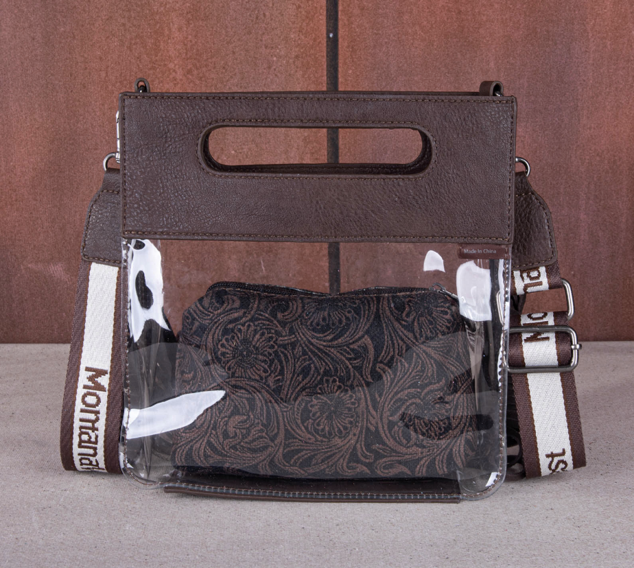 Montana West Western Fringe Stadium Clear Crossbody Bag with Detachable Pouch - Coffee