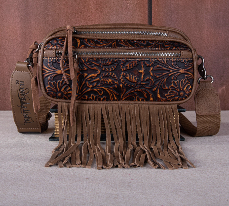 Trinity Ranch Floral Tooled Triple Zippered Pocket Fringe Belt Bag