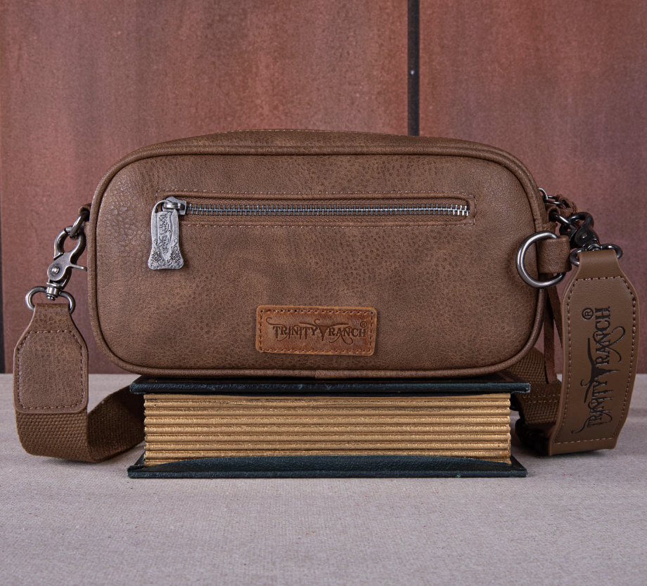 Trinity Ranch Floral Tooled Triple Zippered Pocket Fringe Belt Bag