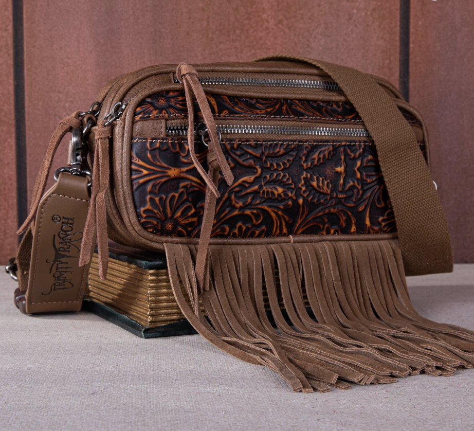 Trinity Ranch Floral Tooled Triple Zippered Pocket Fringe Belt Bag